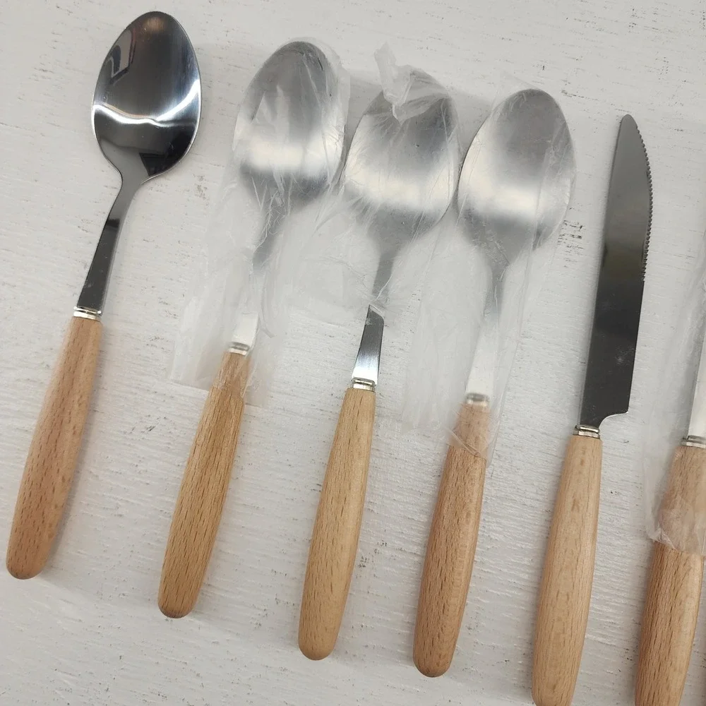 Wood Handle Flatware Set 12‎ Piece Stainless Steel Silver Modern Kitchen